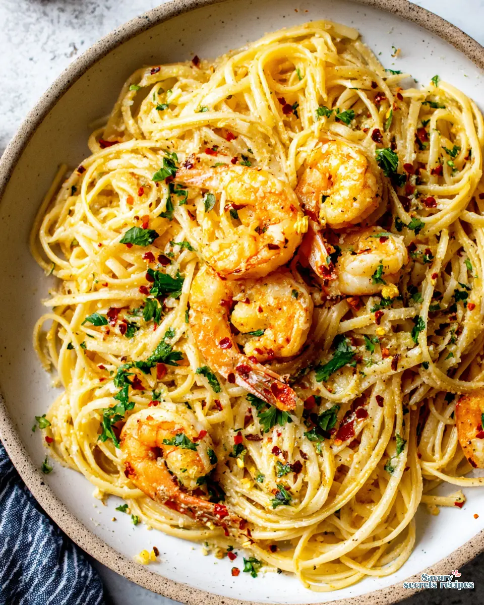 Spicy Garlic Butter Shrimp Noodles close up showing sauce coating noodles