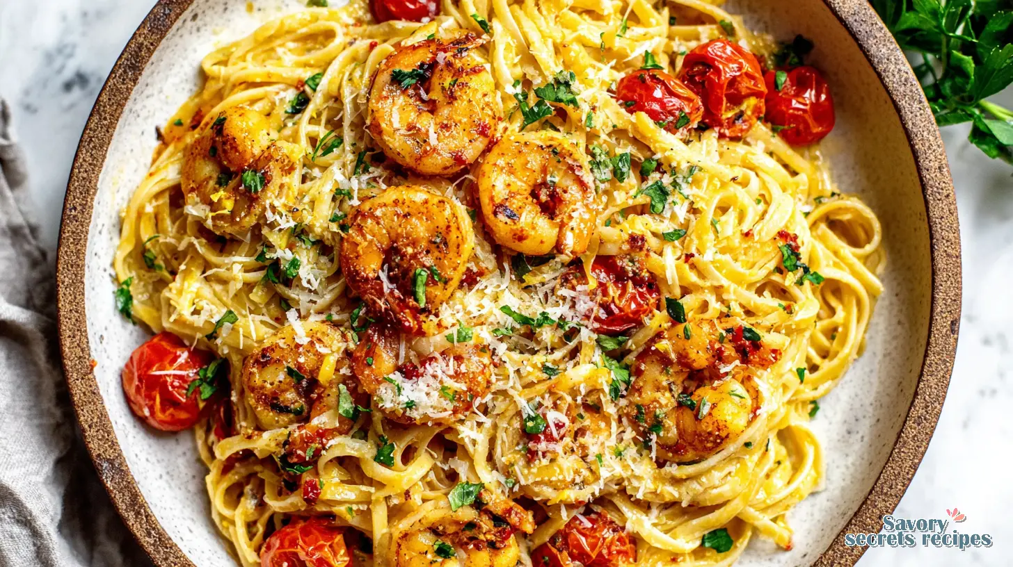 Spicy Garlic Butter Shrimp Noodles served in a bowl