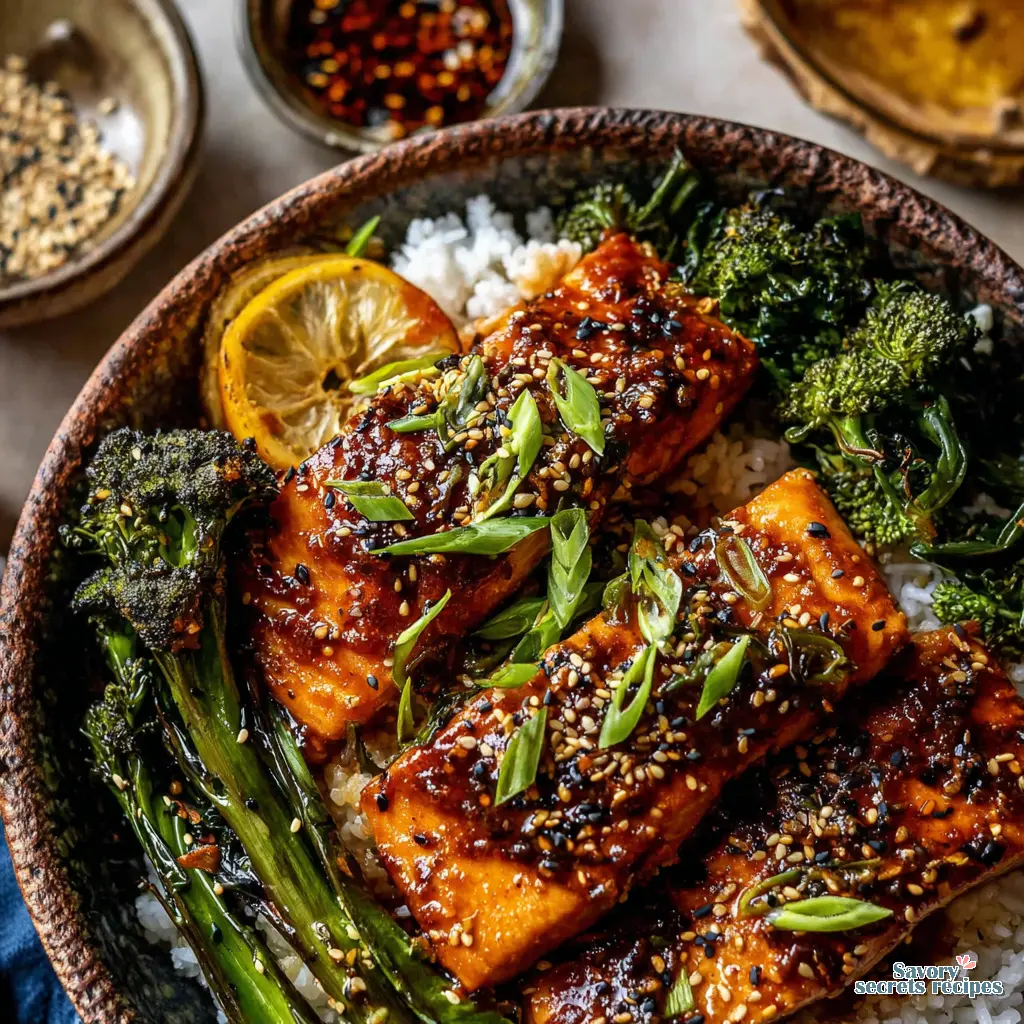 spicy honey garlic salmon bowl close up
