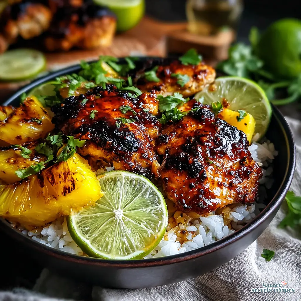 spicy honey lime chicken bowls with garlic close up