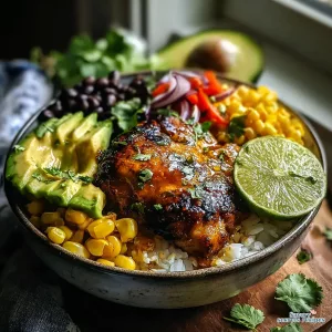 spicy honey lime chicken bowls with garlic 468455649
