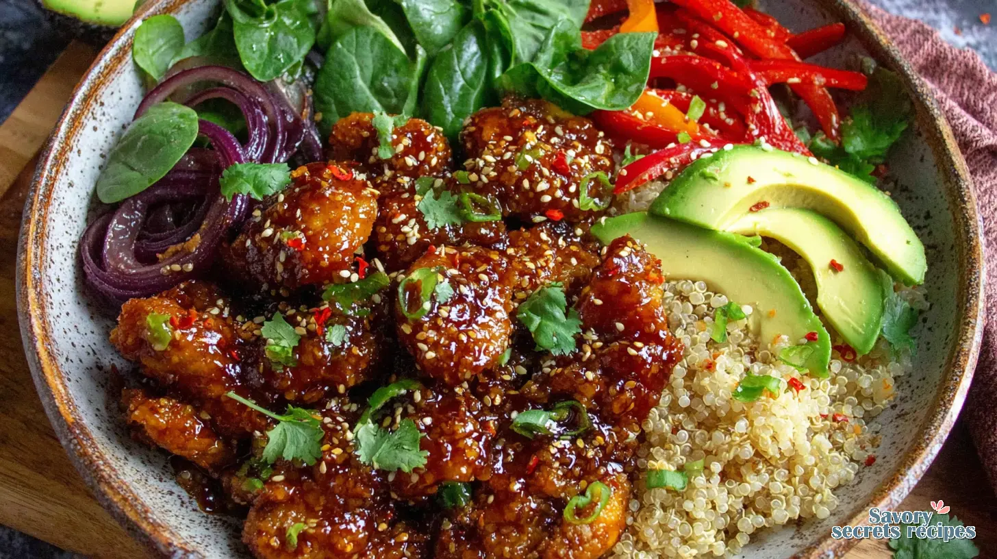 assembled spicy honey lime chicken quinoa bowls ready to eat