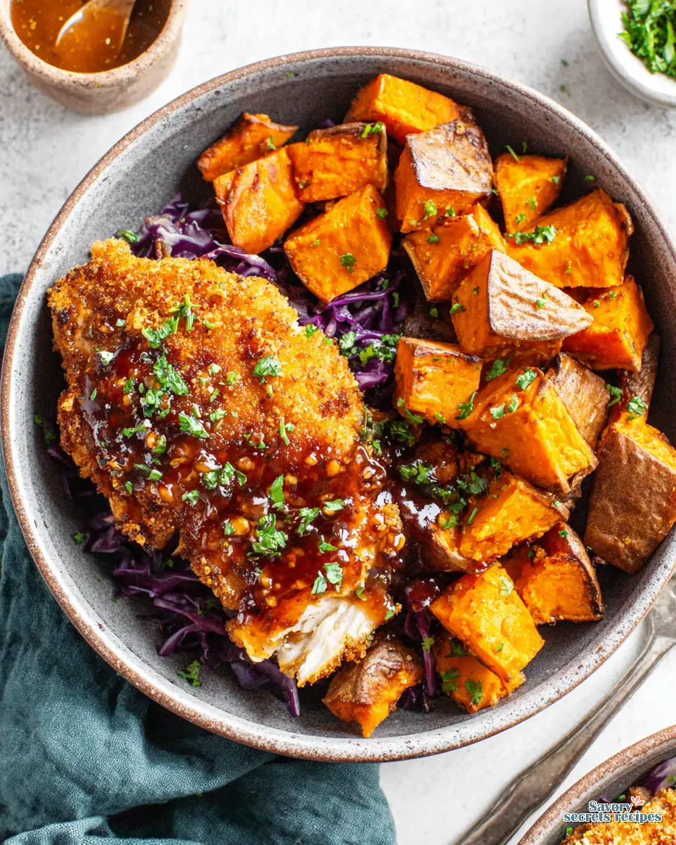 spicy honey lime chicken bowls with sweet potato close up