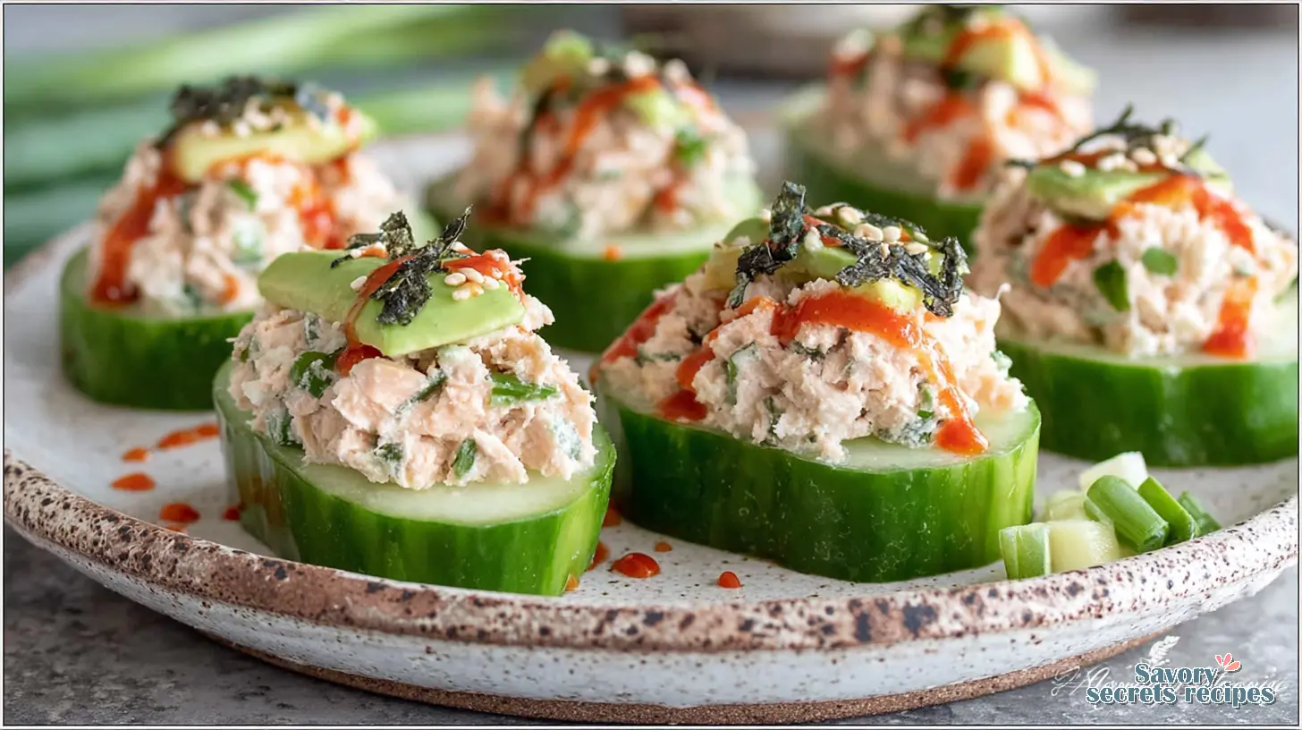 A platter of finished Spicy Tuna Cucumber Boats