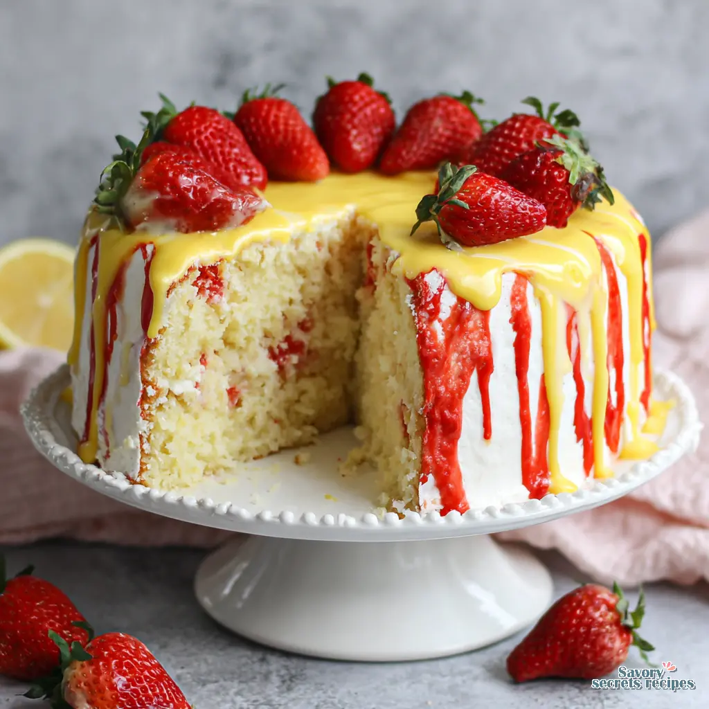 Close up of glossy lemon drip on cake layers