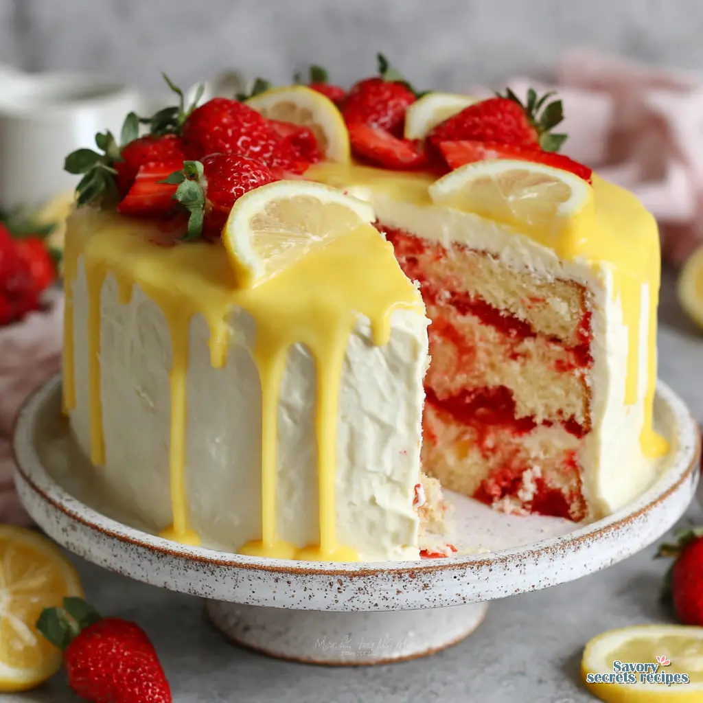 Strawberry Lemon Drip Cake sliced on a plate