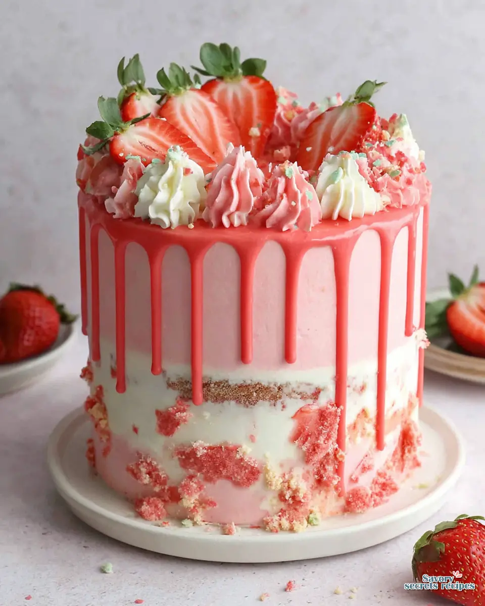 Strawberry Vanilla Drip Cake close up