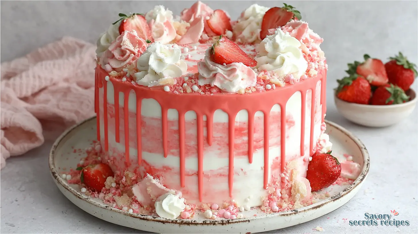 Strawberry Vanilla Drip Cake final presentation