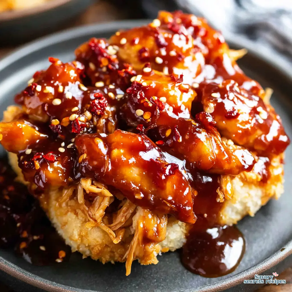 Close up of sweet chili glaze coating chicken in a pan