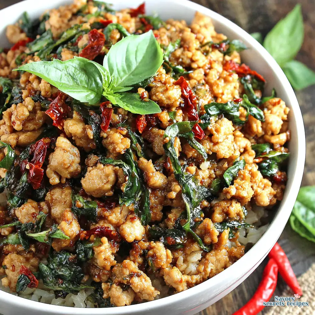 Thai Basil Chicken (Low-Carb with Cauliflower Rice) close up