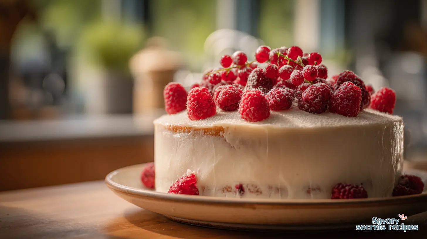 Vanilla Berry Naked Cake fully decorated on a stand