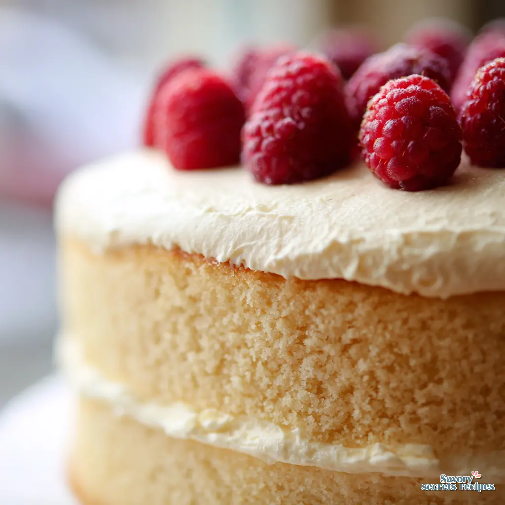 Close up of vanilla cake layers with berries and frosting