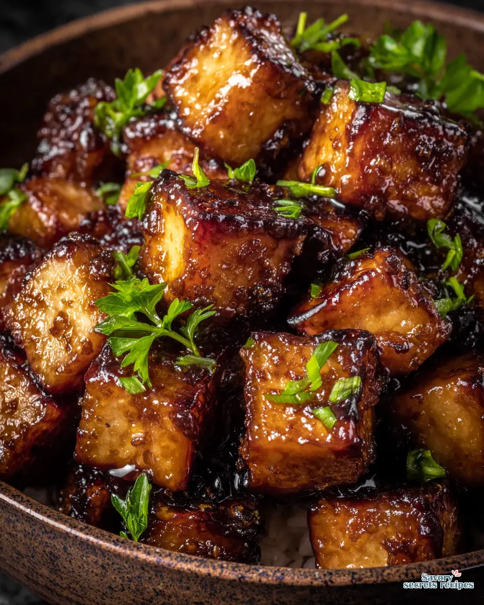 crispy tofu cubes in a pan