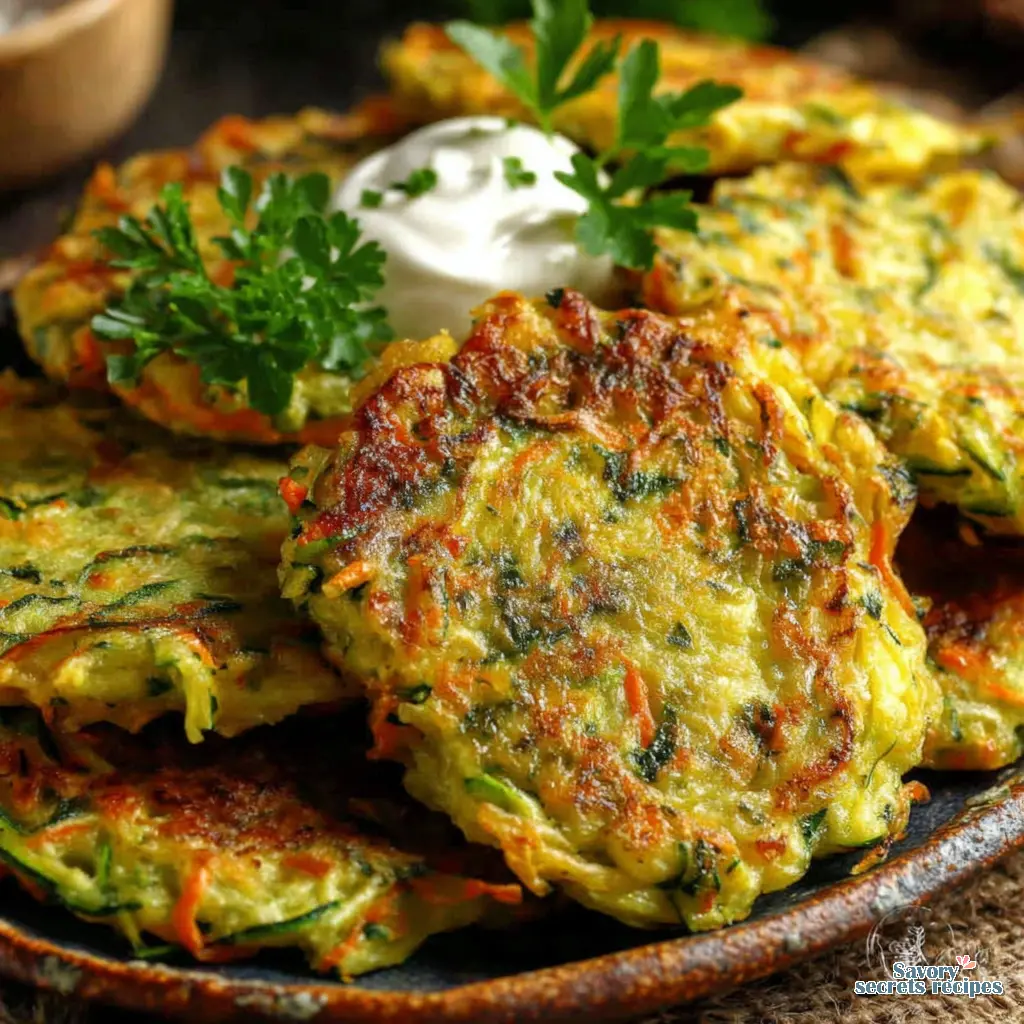 A family-style platter of zucchini fritters with bowls of yogurt sauce and lemon wedges, set on a rustic wooden table.