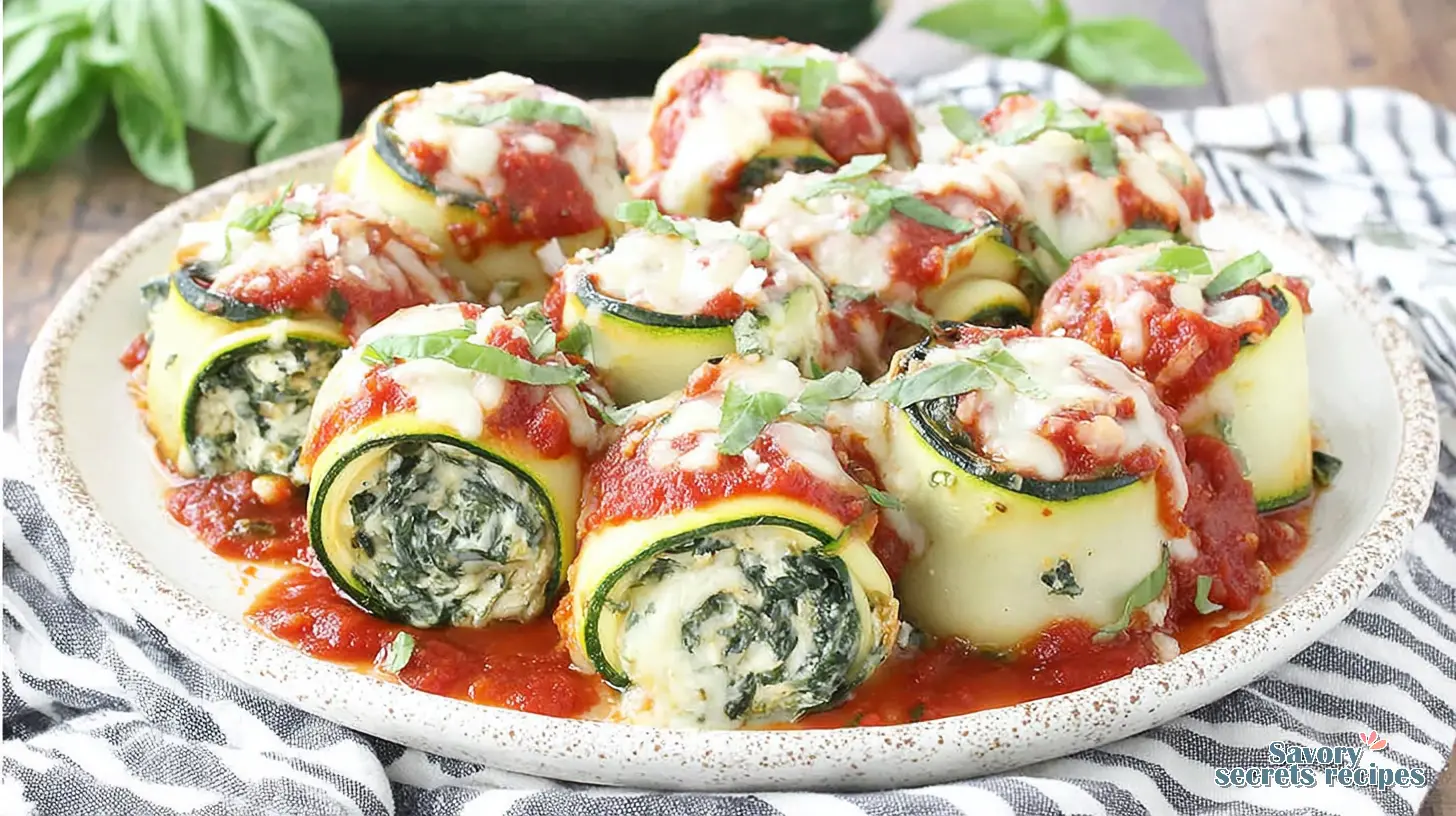 Zucchini Lasagna Rolls served on a plate with a side salad