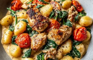 creamy garlic chicken gnocchi skillet 264140618