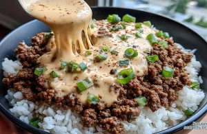creamy honey garlic beef rice bowl with cheddar parmesan sauce 919964839