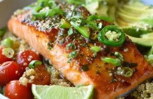 garlic herb salmon bowl 124928666