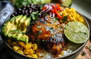 spicy honey lime chicken bowls with garlic 468455649