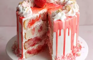 strawberry vanilla drip cake 489024708